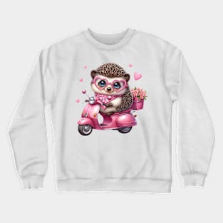 Valentine Hedgehog In Pink Scooter Crewneck Sweatshirt
